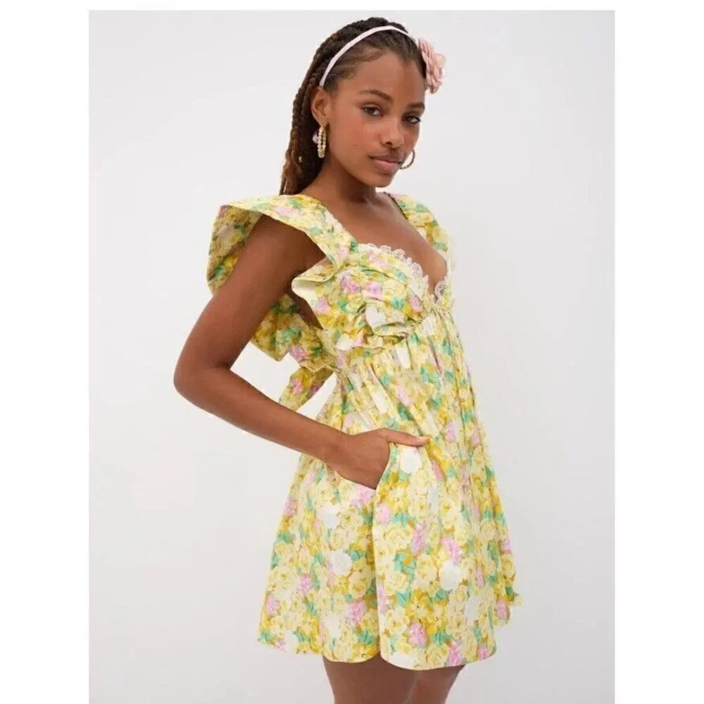For Love & Lemons Tamra Yellow Floral Cotton Mini Dress Size 1X NWT $248